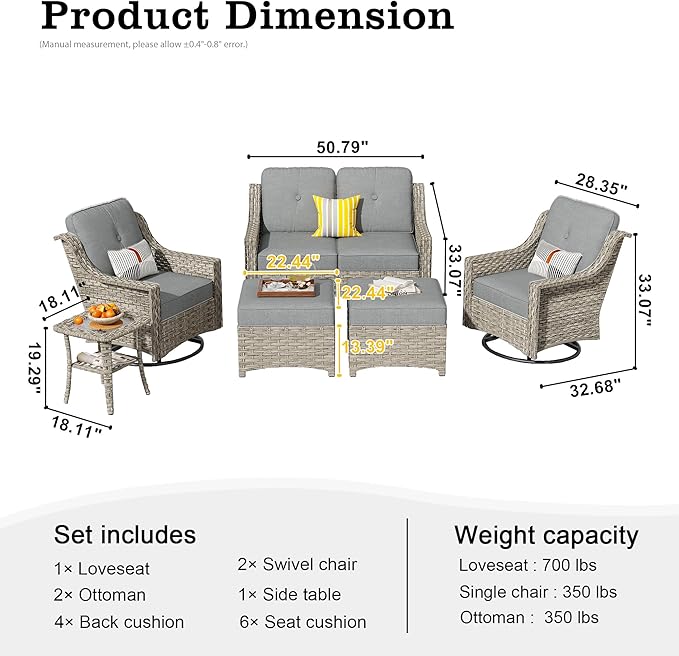 HOOOWOOO 6 Piece Patio Furniture Conversation Sets with Swivel Rocking Chairs,Outdoor Wicker Furniture with Ottoman,All Weather Resistant High Back Rattan Conversational Set(Dark Grey Gray)