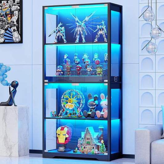 BROTTAR Display Cabinet with Glass Doors, 4-Tier Curio Cabinet with 3 Color Lights for Collectibles, Glass Display Case with Human Body Sensor, Bookcase with 4 Shelves, Storage Cabinets, Black by BROTTAR