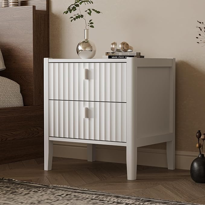 White Nightstand Set of 2, Modern Nightstand with 2 Drawers Storage, Fluted Bedside Table with Metal Handle, Wooden Night Stand for Bedroom - Image 3