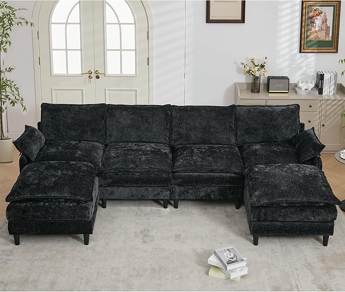 121-Inch U-Shaped Sectional Cloud Sofa Oversized Modular 6 Seaters Sofa Couch with 2 Ottoman Chaise and Pillow Armrest, Chenille Upholstered Convertible Cloud Couch