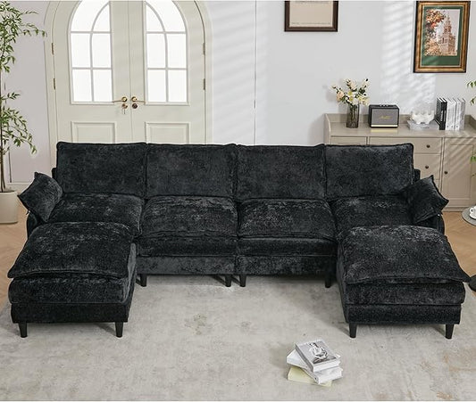 121-Inch U-Shaped Sectional Cloud Sofa Oversized Modular 6 Seaters Sofa Couch with 2 Ottoman Chaise and Pillow Armrest, Chenille Upholstered Convertible Cloud Couch