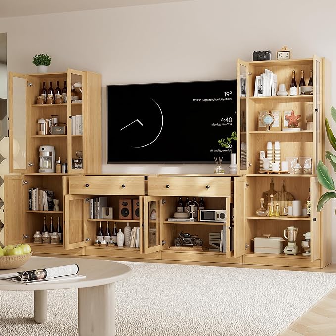 TUSY 71" TV Stand Storage Set - 2 Tall Bookcases & 2 Side Cabinets, Media Console with Glass & Wood Doors, Entertainment Center with Drawers, Tall Media Console for Living Room (Wood, AFFA) - Image 4