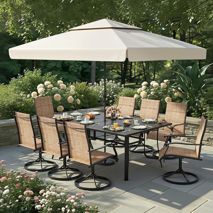 9 Pieces Patio Dining Set for 8, All Weather Outdoor Furniture Set, 75.6" Metal Dining Table with Umbrella Hole and 8 High Back Textilene Swivel Chairs for Deck Garden Lawn Poolside, Brown - Image 8