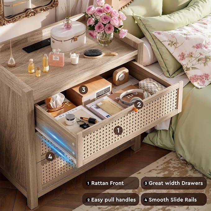 LGHM Set of 2 Large Night Stand with 3 Drawers, Nightstand for Bedroom with Type-C Charging Station, Boho Bed Side Table with Drawers,30" W End Table for Bedroom, Living Room,Natural - Image 4