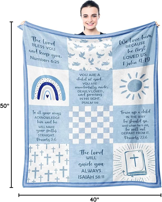 Baptism Gifts for Boys, Baptismal Gift Blanket 40"x50", Christian Present, Religious Bible Goddaughter/Godson Catholic Gift Ideas Throw Blankets, Baptism Favors Christening Gift for Boy