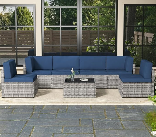 AECOJOY 7 Piece Outdoor Patio Furniture Set, Outdoor Sectional Conversation Furniture Chair with Coffee Table, Patio Sectional for Backyard, Garden(Navy Cushions and Grey PE Rattan)