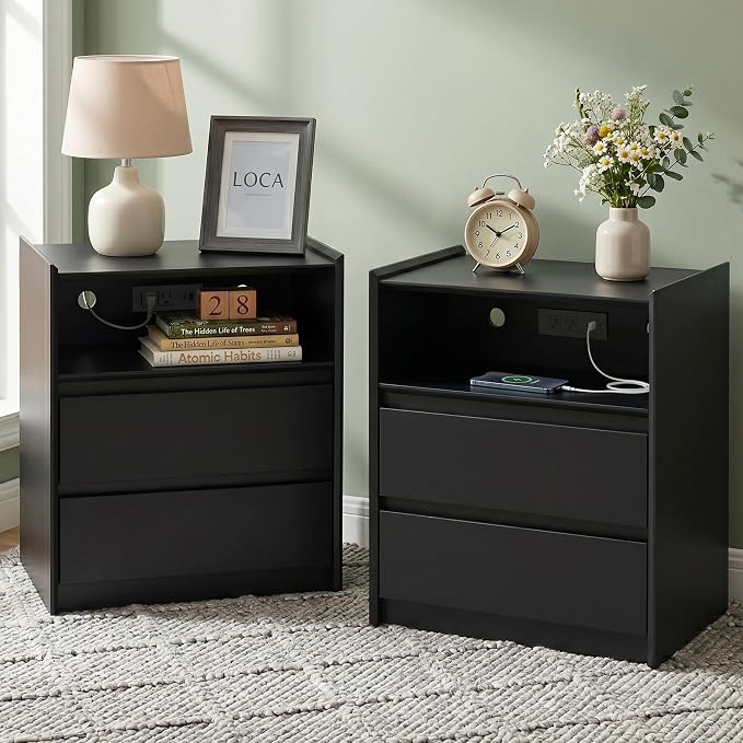 24" Tall Nightstand with Charging Station Including USB-C, Modern Bedside Table and Sofa End Table - Black, 2 Drawers, Set of 2 by FurniXpress