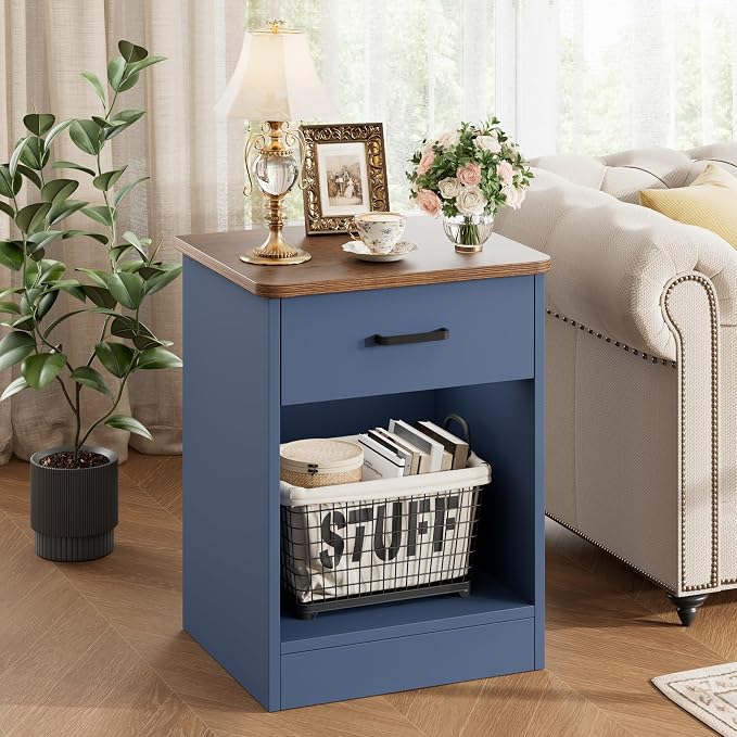 FOTOSOK Nightstand Set of 2, 2-Tier Side Table with Drawer and Storage Shelf, Bedside Table End Table, Modern Night Stand for Bedroom, Home Office, Blue - Image 5