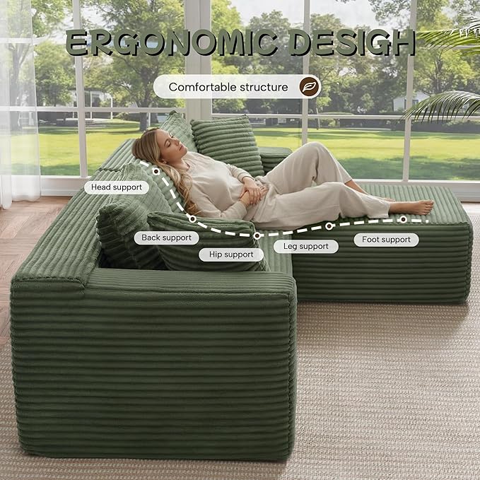 Cloud Sectional Couch, 105” Fluffy Modular L-Shape Sofa with Left Chaise Lounge, Modular Sectional Sofa in a Box, Boneless Couch for Living Room, No Assembly Required, Flannel Green