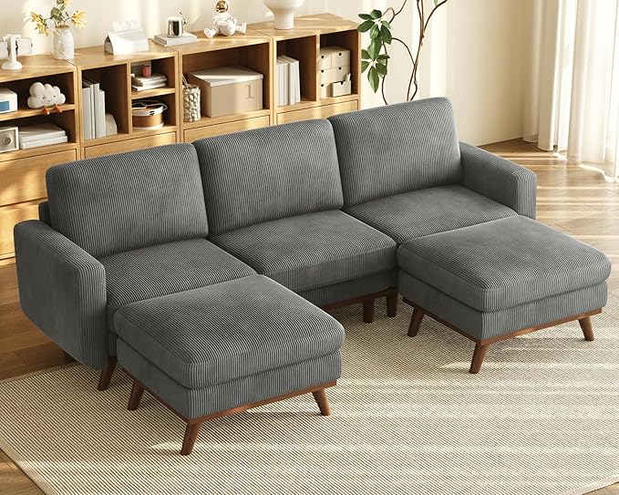 Vesgantti 97" Modular Sectional Sofa Dark Gray, U-Shaped Couch with Movable Ottoman, Comfy Corduroy Couch with Spring Cushion, Modular Sofa with Deep Seat for Living Room, Bedroom and Apartment