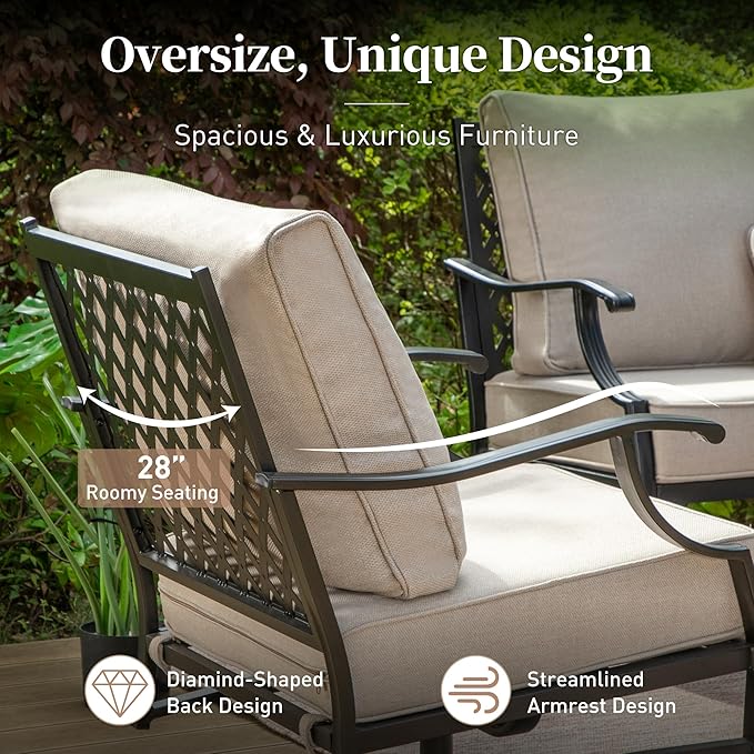 6 Piece Metal Outdoor Patio Furniture Set, Patio Conversation Set 1 3-seater Sofa, 2 Rocking Chair, 2 Leg Chair with 5.75" Thick Cushion and Coffee Table, Backyard Furniture Set, Beige