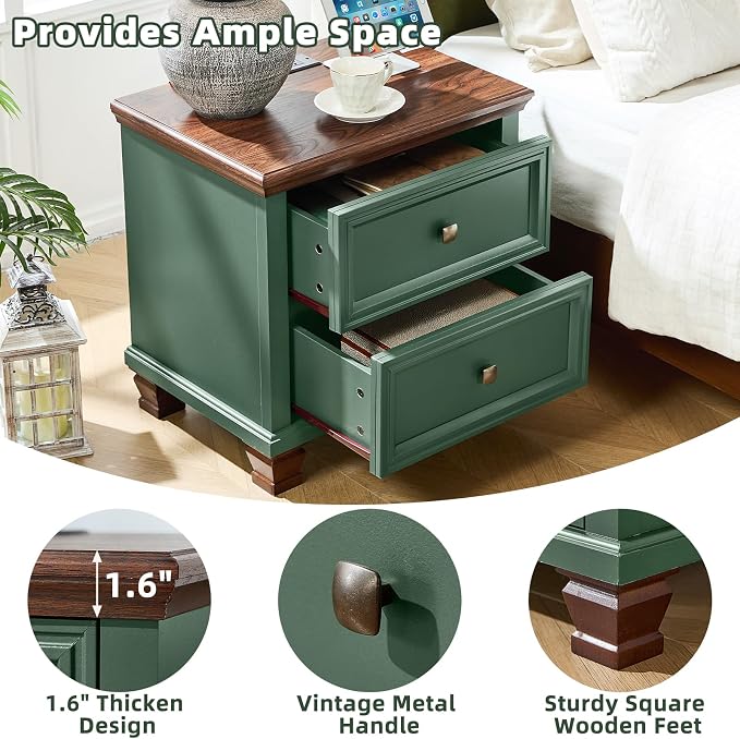 SAVOR LIFE Farmhouse Nightstand with Charging Station, Rustic Low Night Stand with 2 Drawers, Mid-century Modern End Table with 4 Square Solid Wood Legs, Small Vintage Dresser for Bedroom, Home, Green - Image 7