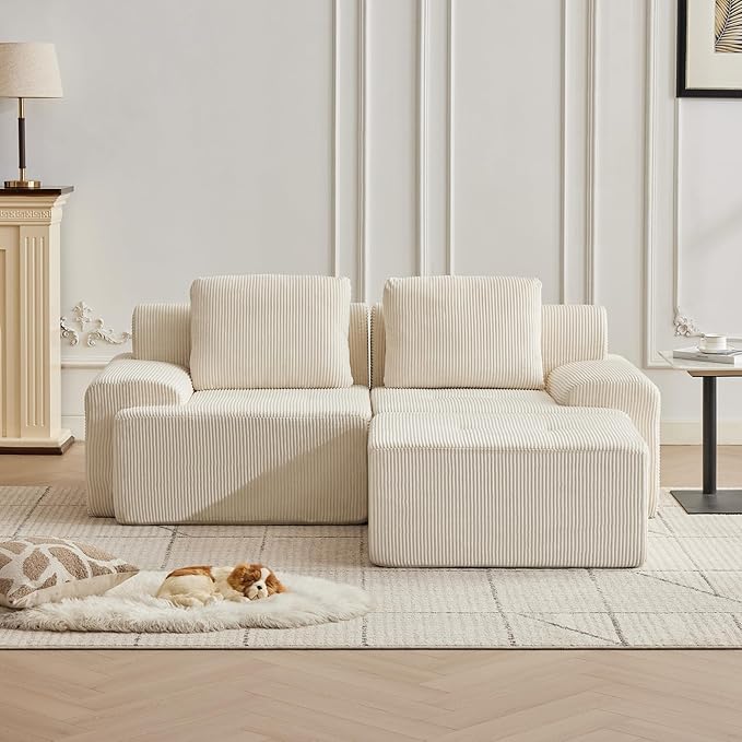 Modular Sectional Sofa with Movable Ottoman, 2 Seat Deep Seat Couch with 2 Pillows, Comfy Cloud Sectional Sofa for Living Room, Bedroom and Apartment (White, 1 Left+1 Right+1 Ottoman)