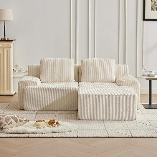 Modular Sectional Sofa with Movable Ottoman, 2 Seat Deep Seat Couch with 2 Pillows, Comfy Cloud Sectional Sofa for Living Room, Bedroom and Apartment (White, 1 Left+1 Right+1 Ottoman)