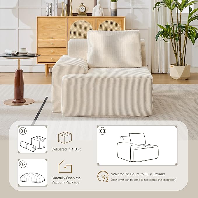 Modular Sectional Sofa, Boneless Couches for Living Room, Corduroy Couch, Big Comfy Couch, Modular Cloud Sofa with Deep Seat (White, 1 Piece-Left Armchair)
