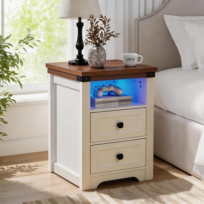Ball & Cast 24” Farmhouse Night Stand with Charging Station,Wood Nightstand with 2 Drawers,Bedside Tables with USB Ports & Outlets,End Table with Open Shelf for Living Room/Bedroom,White +Walnut by BallCast