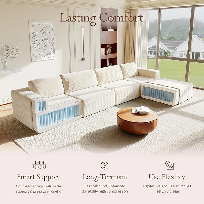 Vesgantti 159" Large Modular Sectional Sofa, L-Shaped Corduroy Cloud Couch with Deep Seats & Spring Support, 4-Seater Boneless Sofa with Movable Ottoman, No Assembly Needed, Beige