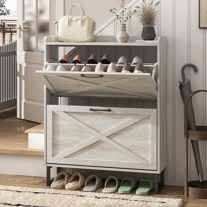 Maupvit Shoe Storage Cabinet with 2 Flip Drawers, Freestanding Organizer with Metal Legs for Entryway, Narrow Shoe Rack Cabinet, Beige by MaupvitFurniture