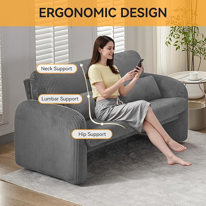 Corduroy Accent Living Room Sets, Comfy Upholstered Loveseat Sofa with 2 Accent Chairs, Morden Couch Sets for Living Room, Bedroom, Office, Grey
