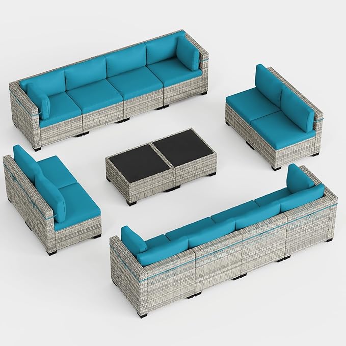 14-Piece Outdoor Patio Furniture Set, PE Wicker Rattan Sectional Sofa Conversation Set with Tempered Glass Table & Thick Cushions - All-Weather Garden, Backyard Furniture, Turquoise