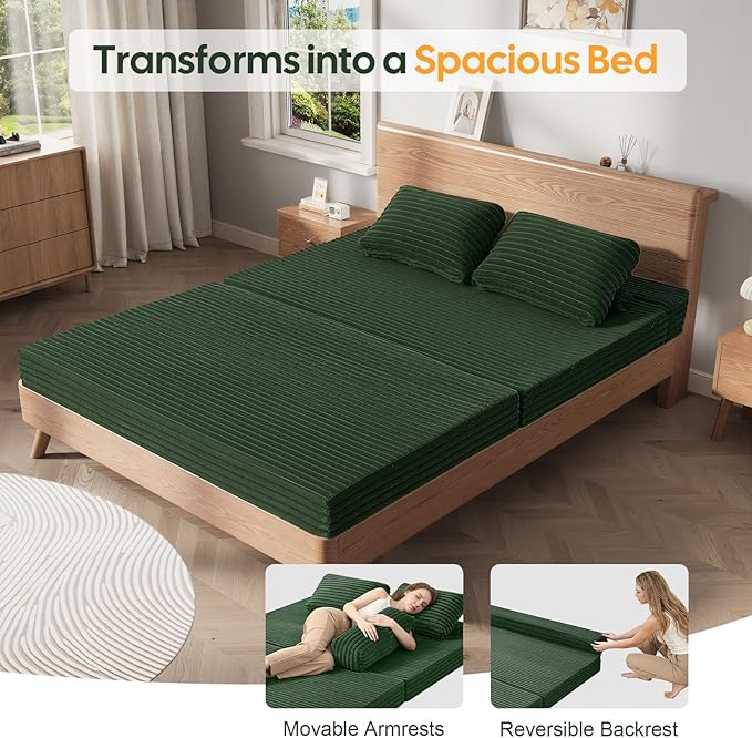 MeMoreCool Convertible Sofa Bed, Folding Floor Couch Bed Queen, Pull Out Sleeper Couch with Pillows, Fold Out Futon Sofa for Bedroom Living Room Small Space, Corduroy Beige