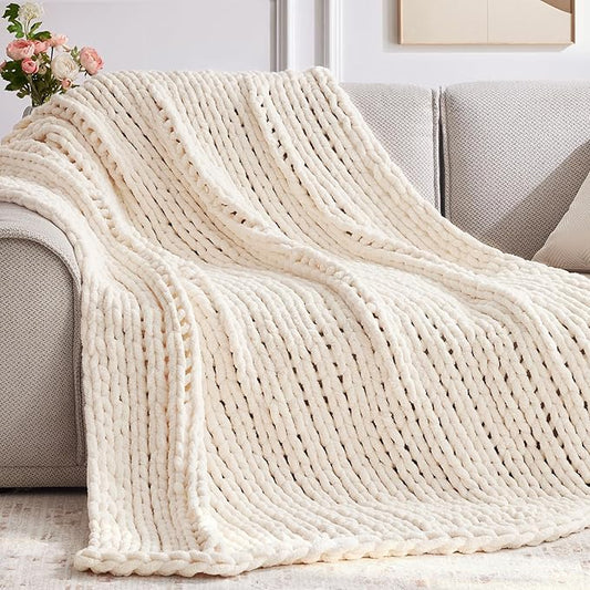 Negwoo Chunky Knit Throw Blanket, 80''*90'' Knitted Throw Chenille Yarn for Bed Couch, Handmade Cream Crochet Big Thick Blanket, Machine Washable Cute Comfy Blanket for Home Decor