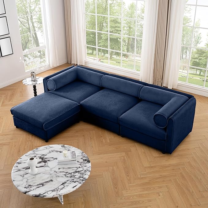KEIKI 109" L-Shaped Modular Chenille Sectional Sofa with Storage Seat, 1 Ottoman, Modern 3-Seater Couch with Cylindrical Backrest and Armrests, Easy Assembly, for Apartment, Living Room, Blue