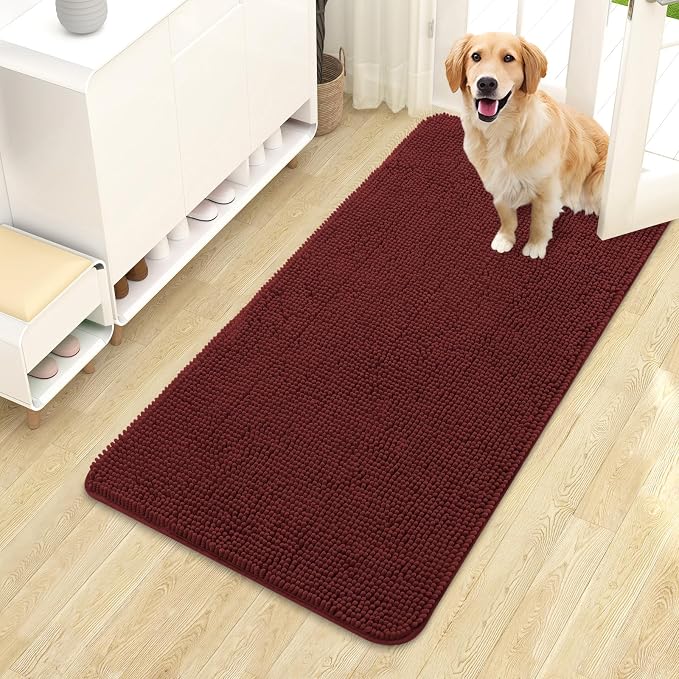 OLANLY Dog Door Mat for Muddy Paws 44x24, Absorbs Moisture and Dirt, Absorbent Non-Slip Washable Doormat, Quick Dry Chenille Mud Mat, Entry Indoor Entryway Carpet for Inside Floor, Caramel Russet by OLANLY