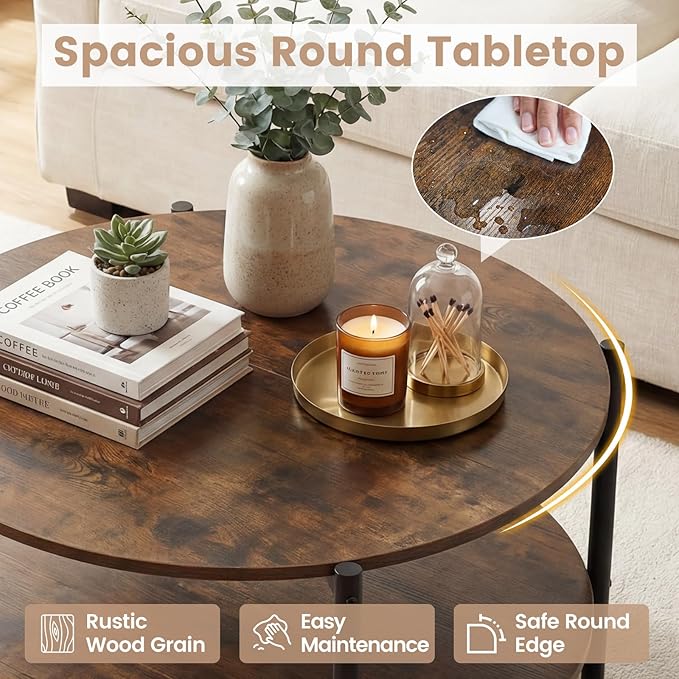 Giantex Round Coffee Table, 33.5" Small Center Table with Open Storage Shelf and Heavy-Duty Metal Frame, 2-Tier Wood Cocktail Accent Table, Living Room Tables for Small Spaces, Rustic Brown