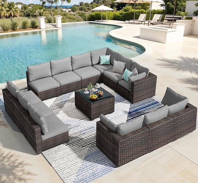 13 Piece Patio Furniture Set All Weather PE Rattan Outdoor Sectional Sofa Couch with No-Slip Cushions and Glass Top Table for Garden, Poolside, Backyard (Gray)