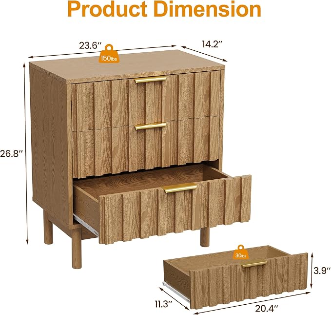 RoyalCraft 3 Drawer Nightstand, Modern Fluted Chest of Drawers, Wooden Storage Night Stand Side Table with Chic Edge Pull, Perfect for Bedroom, Living Room, Entryway, Natural Wood Tone - Image 2