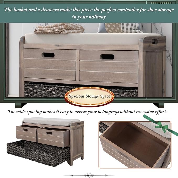 SOFTSEA Storage Bench for Entryway, Upholstered Storage Ottoman with Removable Basket and 2 Drawers, Farmhouse Shoe Bench with Seat Cushion for Entryway, Living Room, Full Assembled, White Wash - Image 6
