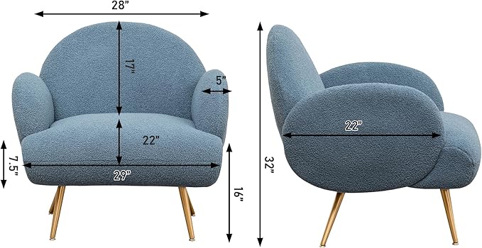 Blue Accent Sherpa Chair Comfy Modern Living Room Chair Teddy Fabric Mid Century Bedroom Chair with Golden Legs Arm Chair for Reading Bedroom Single