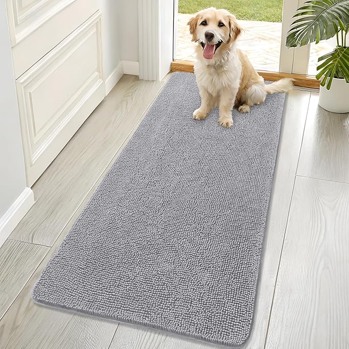 OLANLY Dog Door Mat for Muddy Paws 70x32, Absorbs Moisture and Dirt, Absorbent Non-Slip Washable Doormat, Quick Dry Chenille Mud Mat for Dogs, Entry Indoor Entryway Carpet for Inside Floor, Light Grey by OLANLY
