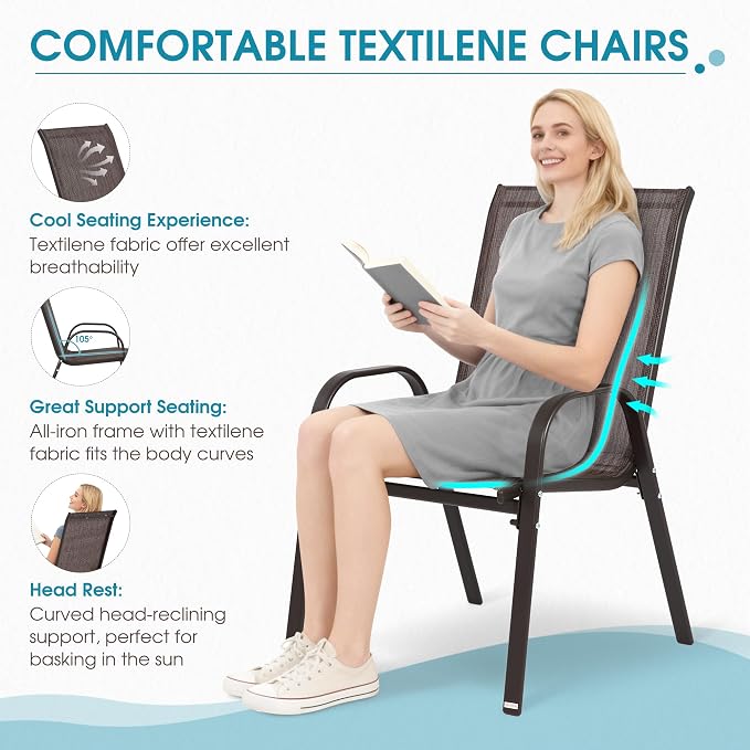 Wider Outdoor Stackable Chairs Set of 4, Stacking Patio Chairs with Textilene Fabric, Outside Furniture for Garden Backyard Balconie Poolside Deck, Brown - Image 4