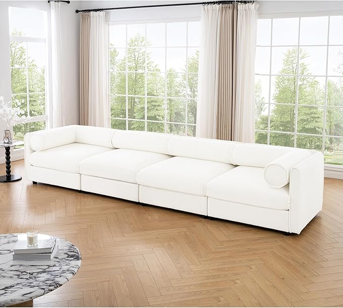 KEIKI 143" Oversized Modular Chenille Sectional Sofa with Storage Seat, Modern Style 4-Seater Couch with Cylindrical Backrest and Armrests, Easy Assembly, for Apartment, Living Room, White