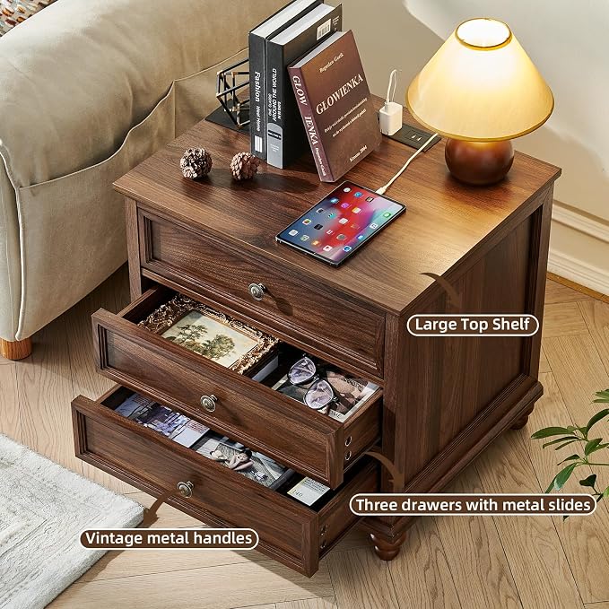 Joaxswe Farmhouse Nightstand with Charging Station, 24" Wide End Table with 3 Drawers,Wood Dresser Cabinet for Bedroom, Bed Side Table Chest of Drawers,Night Stand for Living Room, Closet,Brown - Image 4