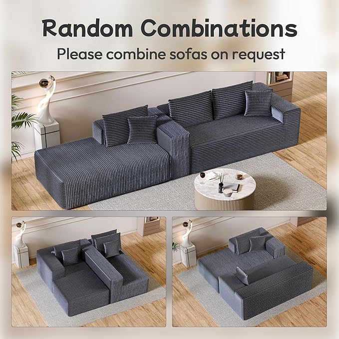 104” Sectional Cloud Couch, L-Shape Compressed Sofa with Right Chaise Lounge, Modular Cloud Couch with 2 Pillows & Deep Seat, Flannel Velvet Floor Sofa for Living Room, Dark Gray