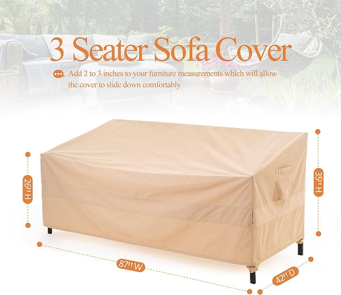 WJ-X3 Patio Sofa Covers Waterproof, 3-Seater Heavy Duty Lawn Couch Covers UV Resistant, Deck Sofa Chair Set Covers Anti-Fading, Wind Resistant, 87W x 42D x 35H Inches, Beige - Image 7