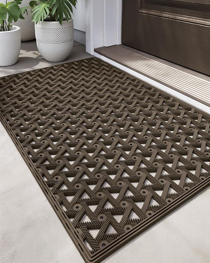 DEXI Front Door Mat Outside Entrance Rubber 32x48, Welcome Floor Doormat Heavy Duty Non Slip, Dirt Trapper Waterproof Exterior Entry Mats All Weather for Patio Entryway Drainage, Brown by DEXI