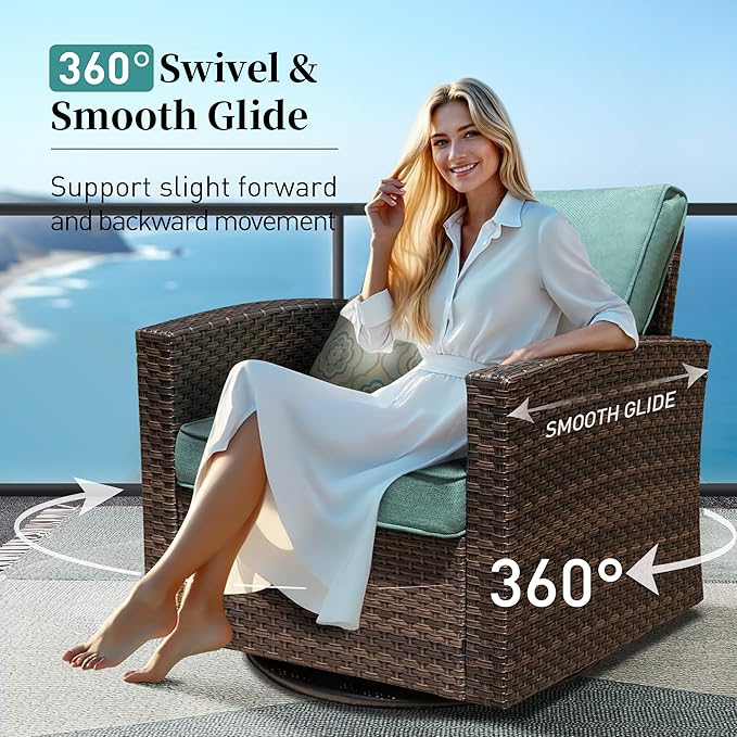 Swivel Glider Patio Furniture Set Outdoor Furniture Brown Wicker Rattan Patio Conversation Sets with Cushion Outside Sofa Set,7 Pieces 9 Seats,Blue