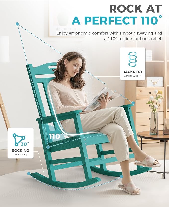 Ciokea Oversized Outdoor Rocking Chairs Set of 4, 380lbs Heavy-Duty Large Patio Rocker, High Back Cozy Porch Chairs, Weather Resistant Patio Rocking Chairs for Outside, Fire Pit, Deck, Aruba Blue - Image 5