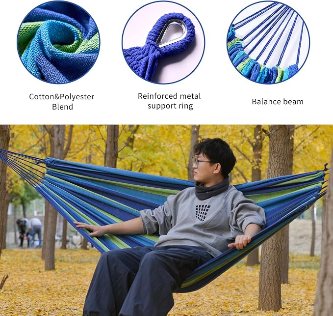 Camping Hammock Comfortable Fabric Hammocks with Tree Straps for Travel Patio Garden, Hanging Sturdy Indoor/Outdoor Hammock Up to 660lbs Portable Hammocks with Travel Bag - Image 3