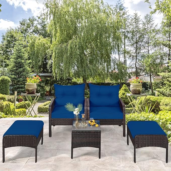 HAPPYGRILL 5 Pieces Patio Furniture Set Outdoor Rattan Wicker Conversation Set with Coffee Table Cushioned Sofas and Ottoman Chat Set for Garden Backyard
