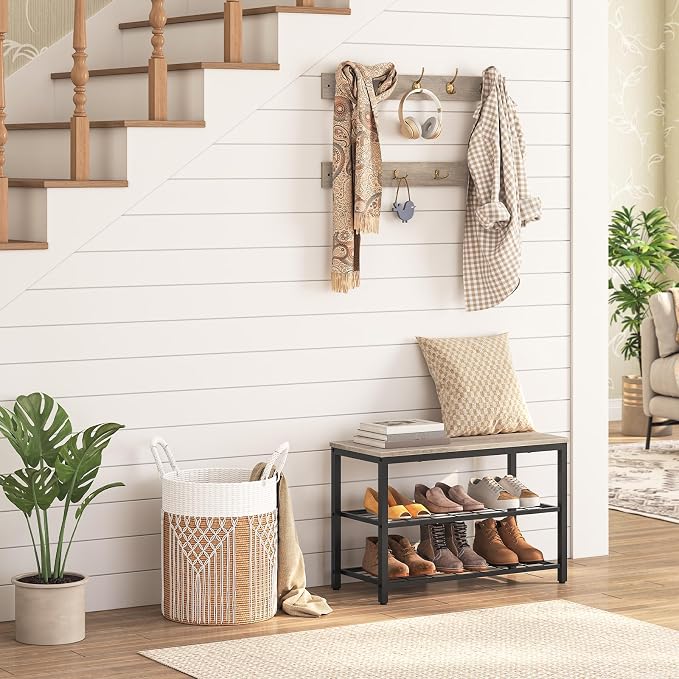 HOOBRO Hall Tree with Bench, Coat Rack Shoe Bench Set, Entryway Shoe Rack with Coat Hooks, Hall Tree Coat Rack, 27.6" L x 11.8" W x 18.1" H, Mud Room, for Foyer, Front Door, Greige BG07MT01 - Image 3