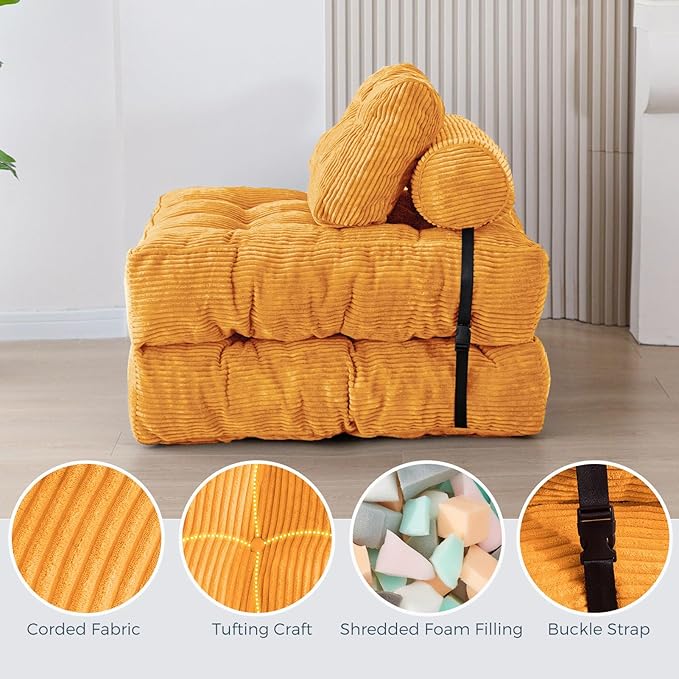 MAXYOYO Folding Sofa Bed, Convertible Sleeper Chair with Pillow Foldable Mattress with Back Support, Portable Fold Out Chair Bed Comfy Floor Sofa Lounge for Living Room Bedroom, Orange, Single