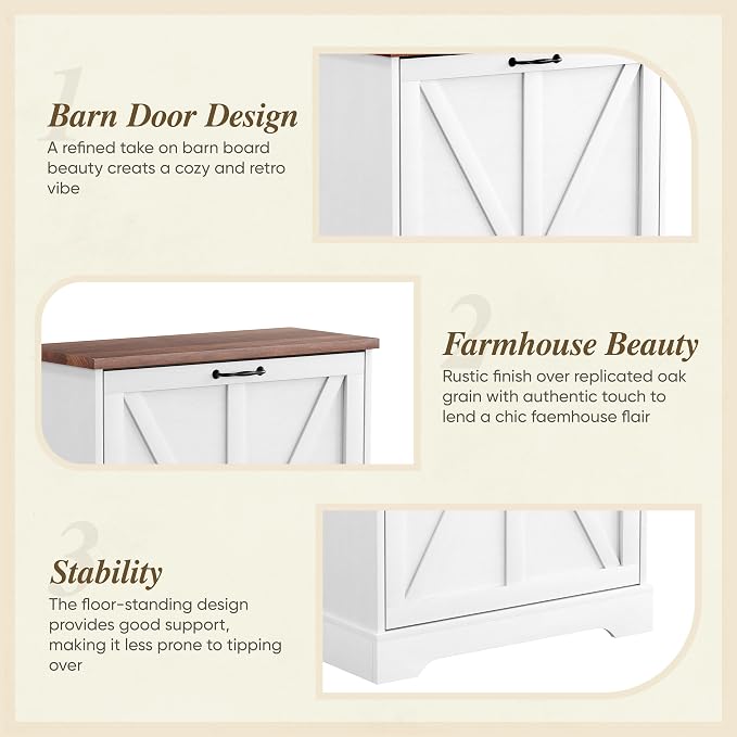 Semiocthome Farmhouse Shoe Storage Cabinet with 2 Flip Drawers, 23.6"(W) Freestanding Shoe Organizer with Barn Door and Metal Handles for Entryway, Rustic Narrow Slim Shoe Rack Cabinet - White - Image 7