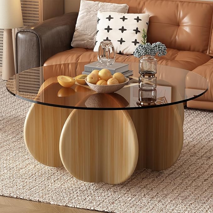 31.5'' Round Coffee Table with Tempered Glass Top, Modern Center Table for Small Spaces - Sturdy Walnut Board Frame, Simple Design for Living Room, Home, Office - Easy Assembly. (Walnut + Brown)