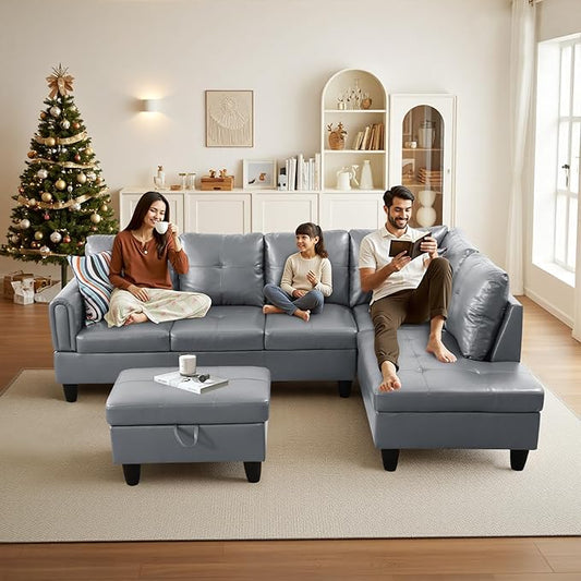 L Shape Sectional Couch, Modern Modular Sofa, 4-Seat L-Shaped Corner Sofá, Convertible Sofa&Couch, Living Room Furniture Sets with Chaise Lounge, Storage Ottoman & 2 Pillows, Faux PU Leather