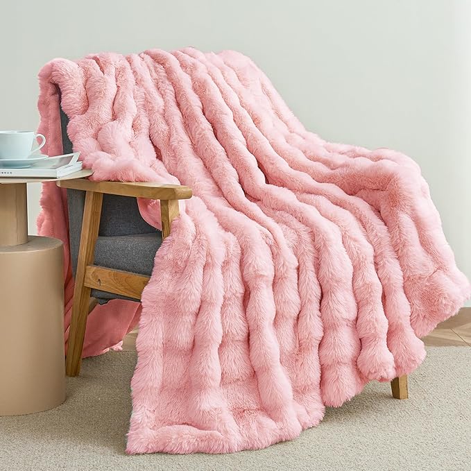 Faux Rabbit Fur Throw Blanket for Couch, Fluffy Warm Plush Thick Bubble Blanket for Bed Sofa Living Room, Soft Cozy Furry Blanket, 50x60 inches, Pink